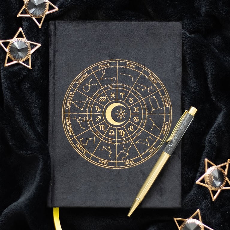 Astrology Wheel Journal with Black Velvet Binding and Obsidian Pen