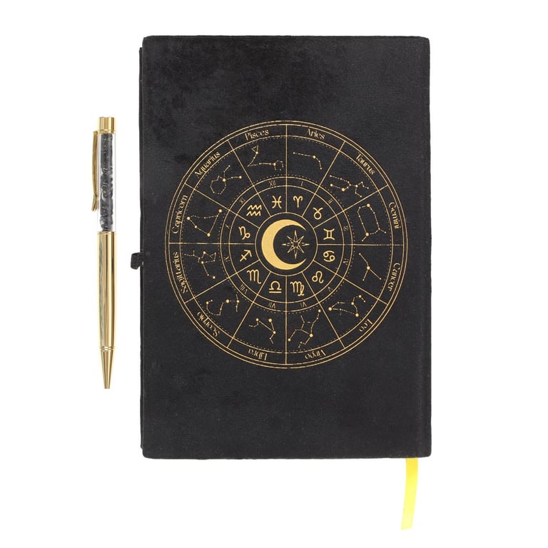 Astrology Wheel Journal with Black Velvet Binding and Obsidian Pen