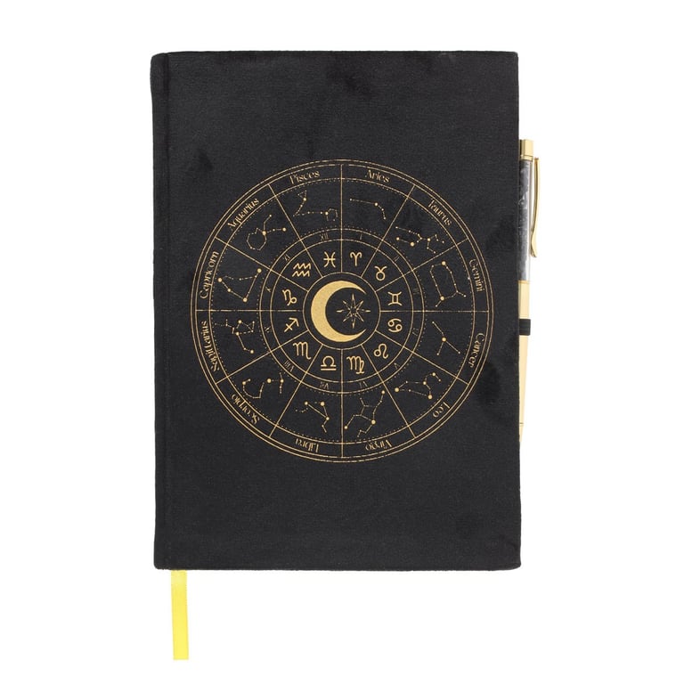 Astrology Wheel Journal with Black Velvet Binding and Obsidian Pen