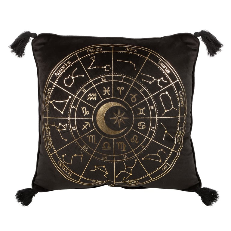 35cm Black Astrology Wheel Cushion with Metallic Gold Finish and Tassels - Home Decor Accents