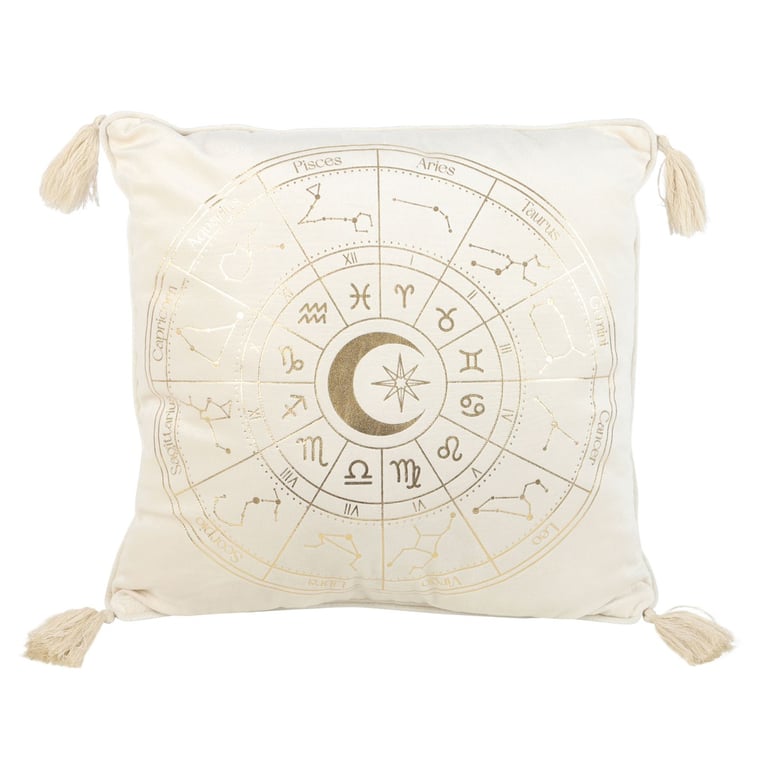 35cm Off White Astrology Wheel Cushion with Metallic Gold Tassels and 100 Polyester Construction