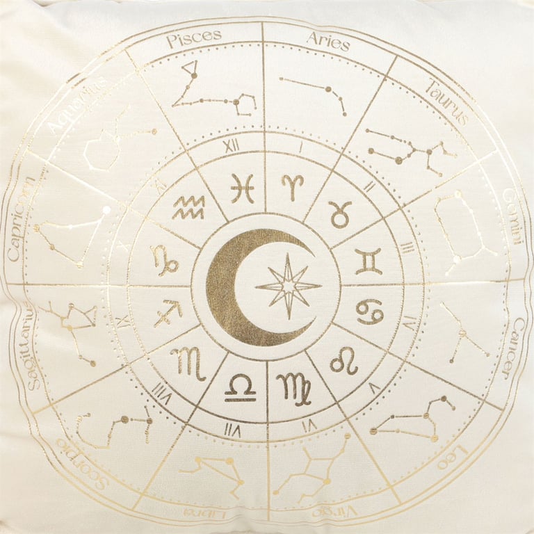 35cm Off White Astrology Wheel Cushion with Metallic Gold Tassels and 100 Polyester Construction