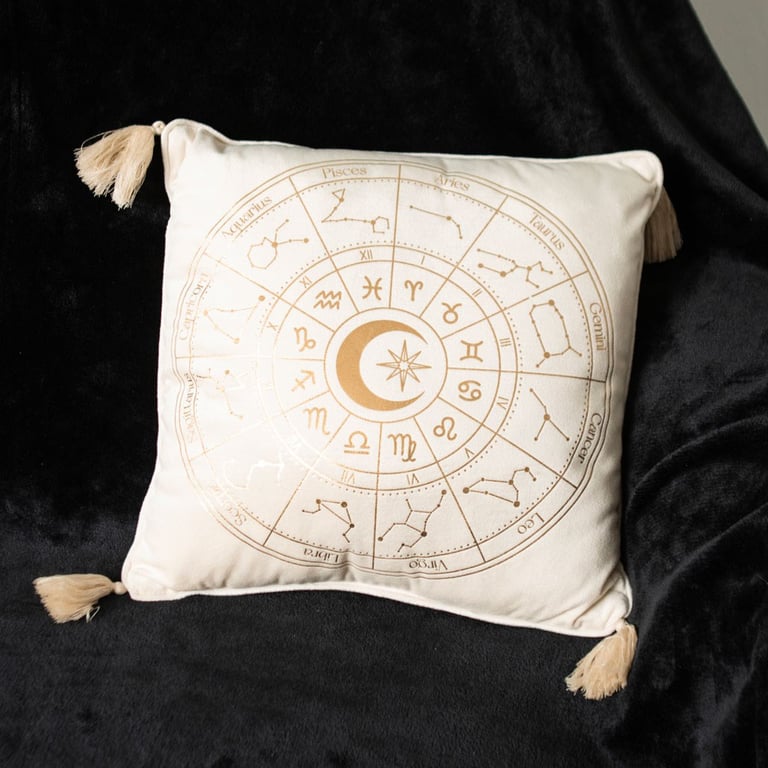 35cm Off White Astrology Wheel Cushion with Metallic Gold Tassels and 100 Polyester Construction