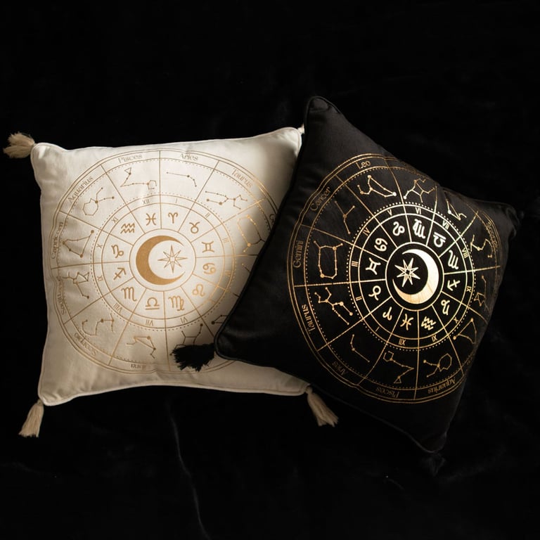 35cm Off White Astrology Wheel Cushion with Metallic Gold Tassels and 100 Polyester Construction