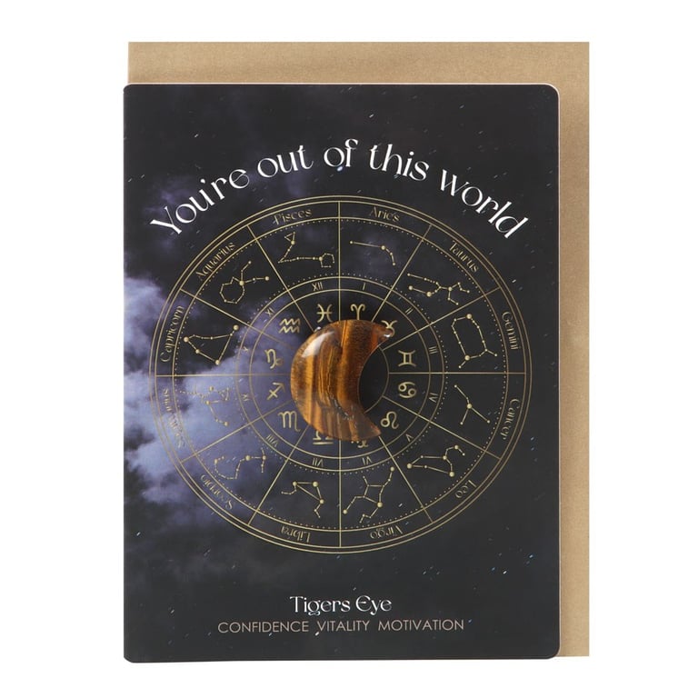 Tiger s Eye Crystal Moon Greeting Card - Astrology Wheel Design & Motivational Gift