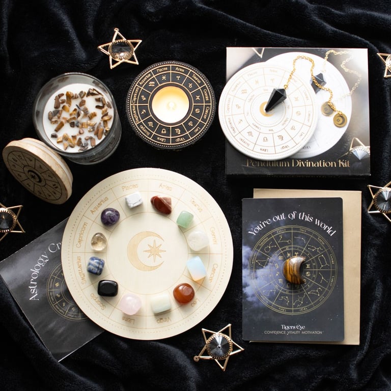 Tiger s Eye Crystal Moon Greeting Card - Astrology Wheel Design & Motivational Gift