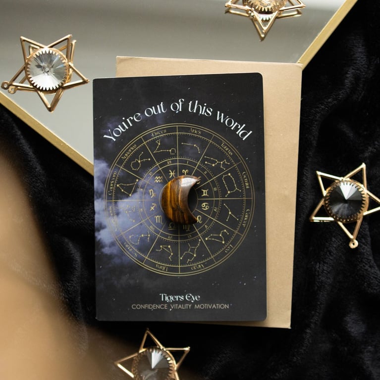 Tiger s Eye Crystal Moon Greeting Card - Astrology Wheel Design & Motivational Gift