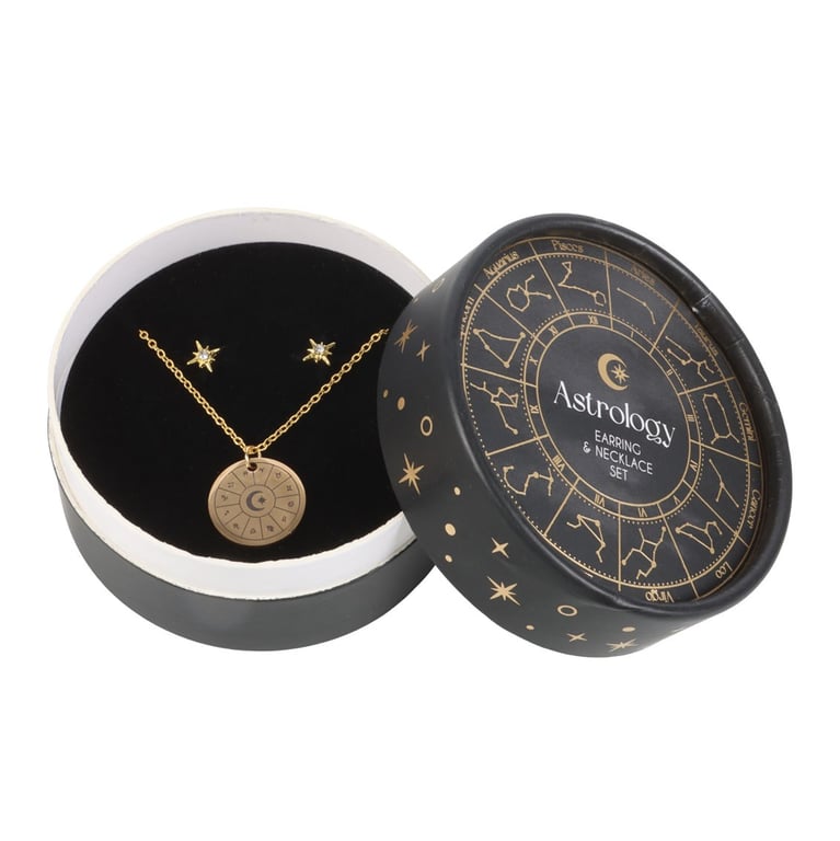 Astrology Wheel Earring and Necklace Set - Celestial Jewellery Gift Set with Starburst Earrings and Cosmic Accessories