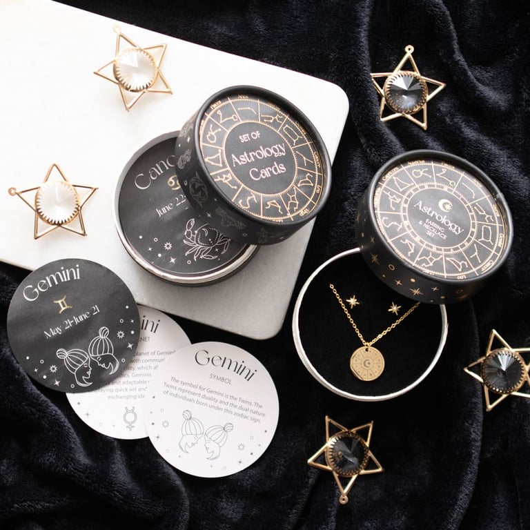 Astrology Wheel Earring and Necklace Set - Celestial Jewellery Gift Set with Starburst Earrings and Cosmic Accessories