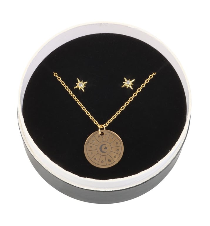 Astrology Wheel Earring and Necklace Set - Celestial Jewellery Gift Set with Starburst Earrings and Cosmic Accessories