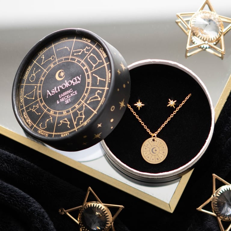 Astrology Wheel Earring and Necklace Set - Celestial Jewellery Gift Set with Starburst Earrings and Cosmic Accessories
