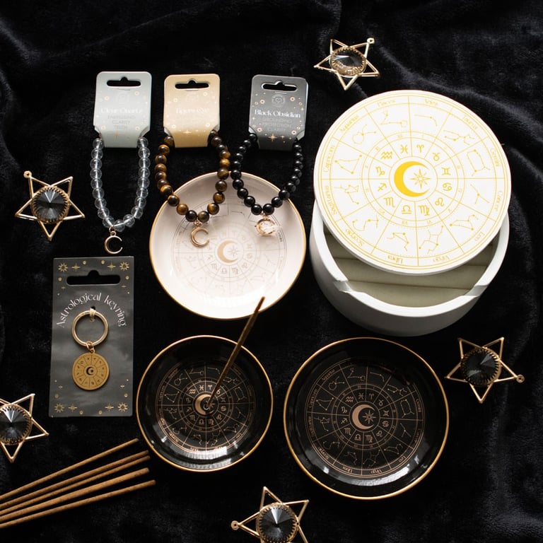 Astrology Wheel Jewellery Storage Box with Mirror Lid and Decorative Design