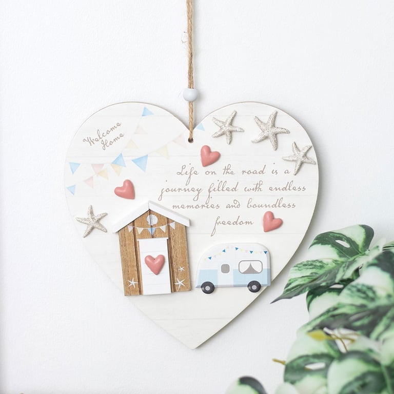 Life on the Road Shell Caravan Hanging Heart - Seaside Decoration with Starfish & Campervan Theme