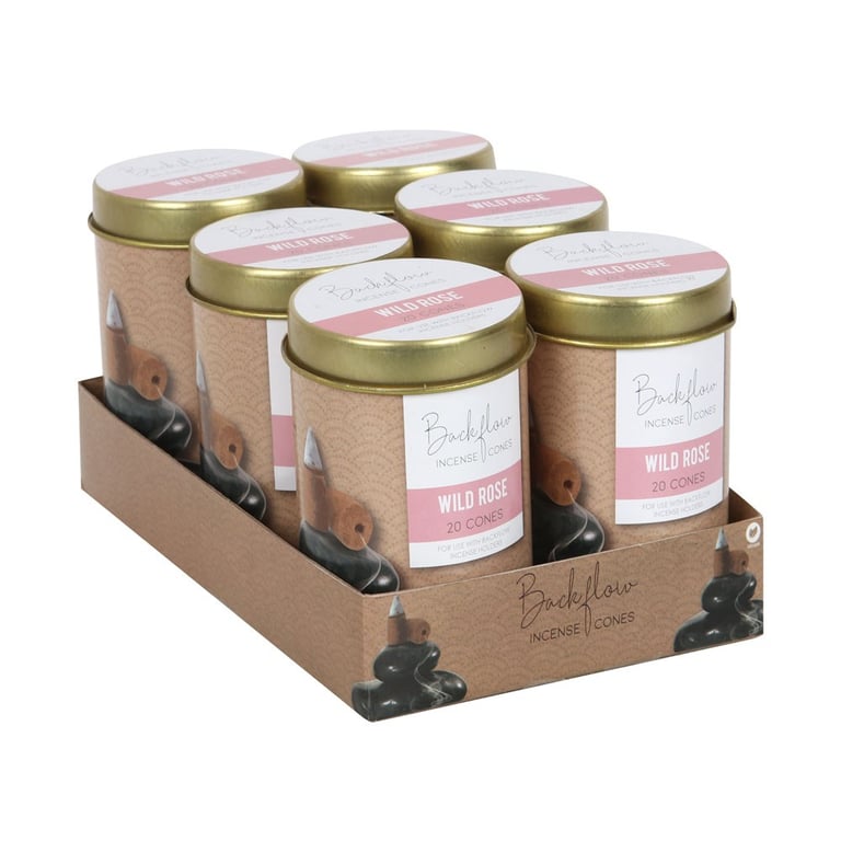 Elements Wild Rose Jumbo Backflow Cones - Handmade Home Fragrance Incense Set of 6 Tins