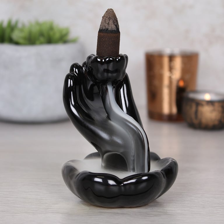 Ceramic Hand & Lotus Flower Backflow Incense Burner - Smoke Curling Home Decor Holder