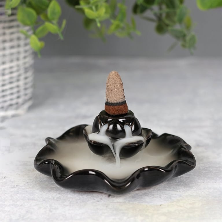 Lotus Pool Backflow Incense Burner - Beautiful Black Ceramic Design with Mesmerizing Waterfall Effect