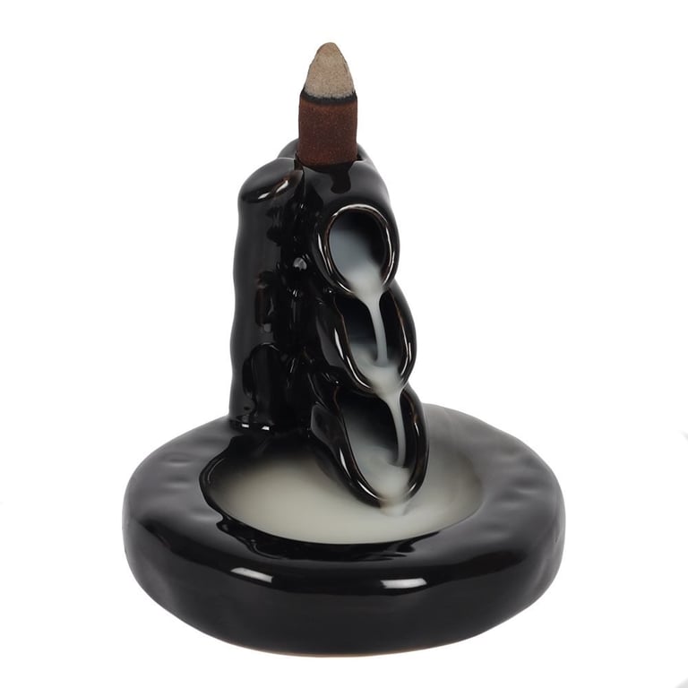 Bamboo Waterfall Backflow Incense Burner - Elegant Black Ceramic Design with Mesmerizing Smoke Effect
