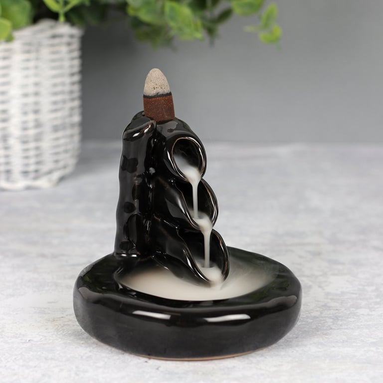 Bamboo Waterfall Backflow Incense Burner - Elegant Black Ceramic Design with Mesmerizing Smoke Effect