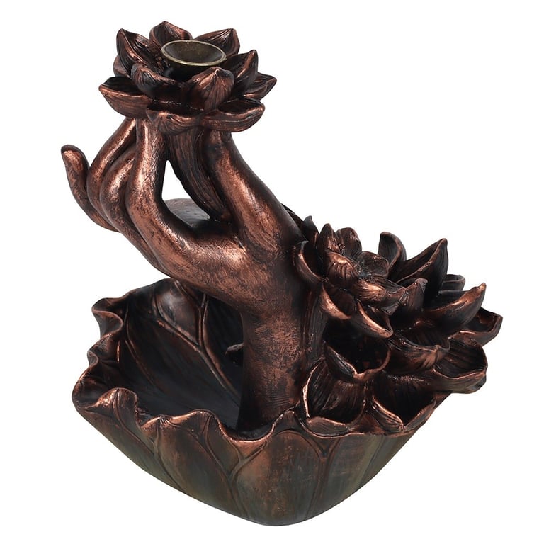Bronze Effect Hand with Lotus Flower Backflow Incense Burner - Elegant Smoke Display Home Decor