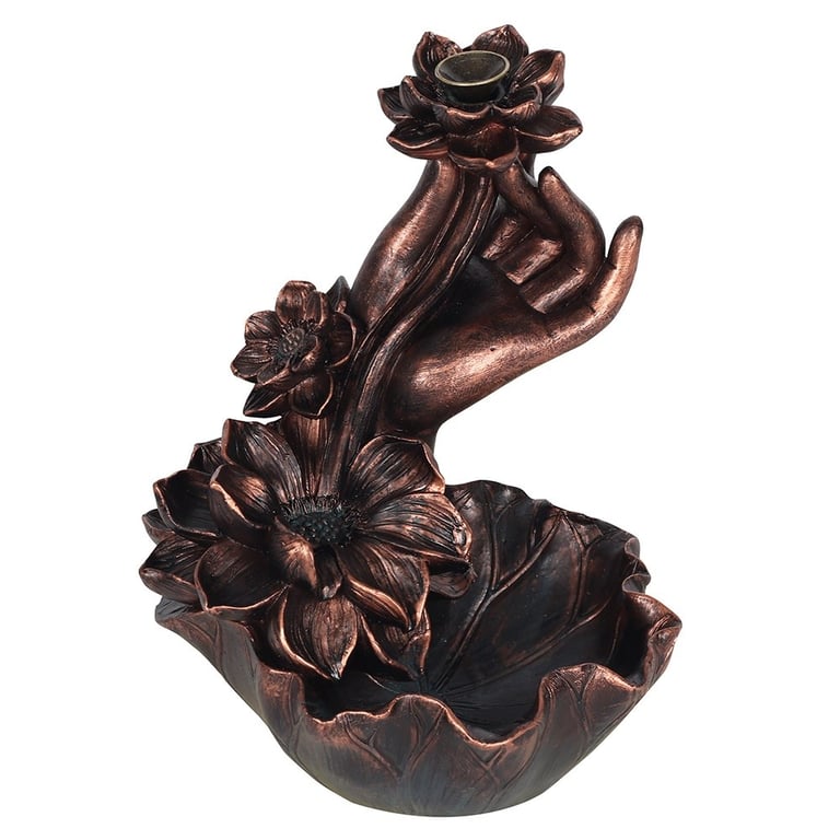 Bronze Effect Hand with Lotus Flower Backflow Incense Burner - Elegant Smoke Display Home Decor