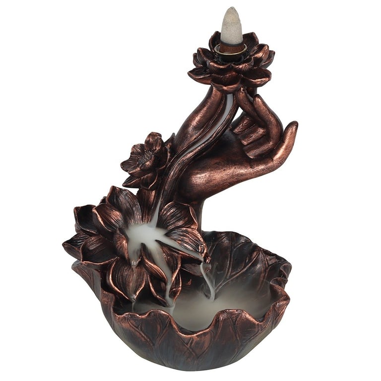 Bronze Effect Hand with Lotus Flower Backflow Incense Burner - Elegant Smoke Display Home Decor