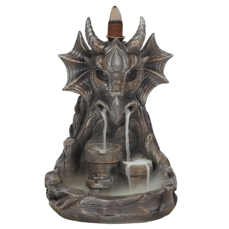 Grey Dragon Resin Backflow Incense Holder with Castle Scene and Meditation Benefits