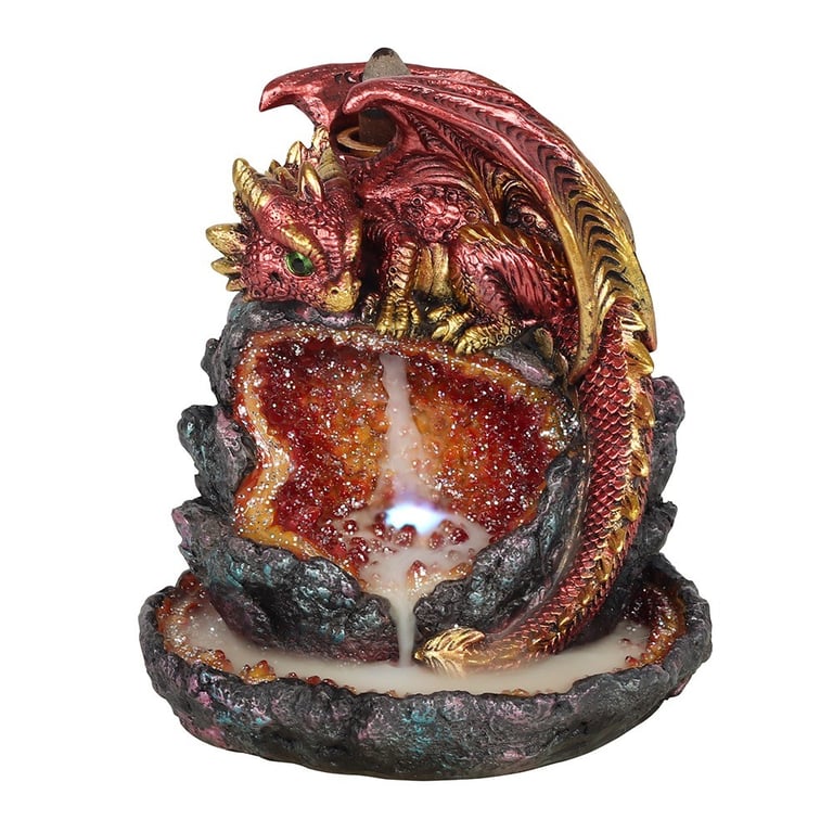 Red Dragon Backflow Incense Burner with Light - Crystal Cave Design, Powered by On/Off Switch