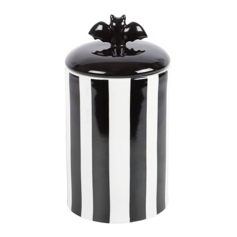 Black and White Striped Bat Storage Jar - Unique Ceramic Home Decor with Lift Off Lid