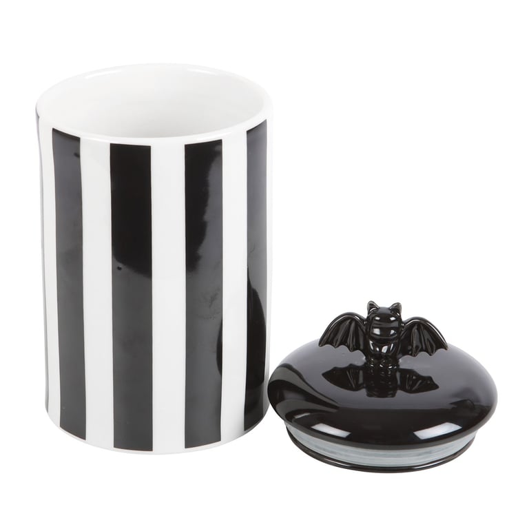 Black and White Striped Bat Storage Jar - Unique Ceramic Home Decor with Lift Off Lid
