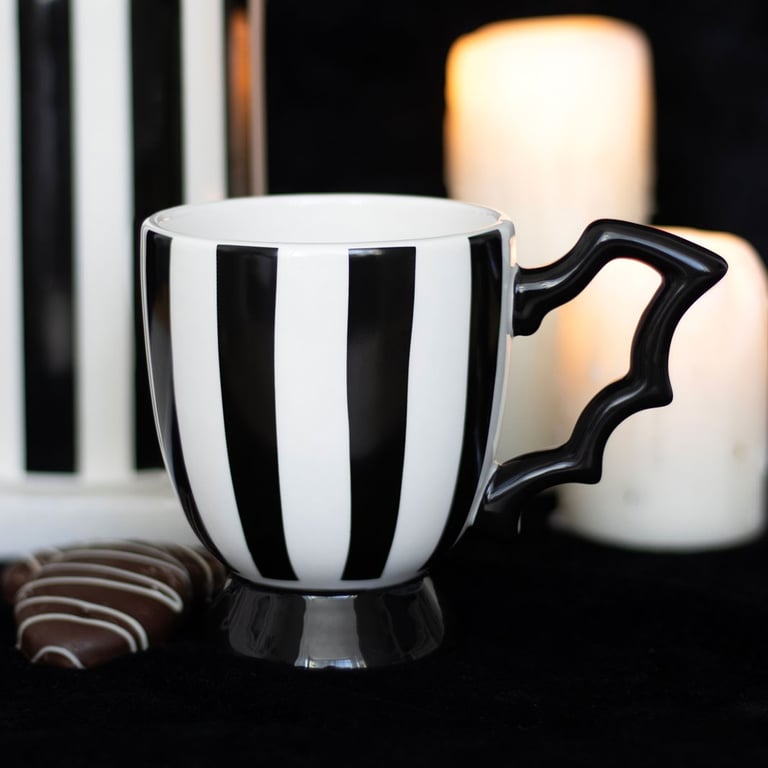 Striped Bat Wing Teacup - Elegant Monochrome Design, Handwash Only, 490ml