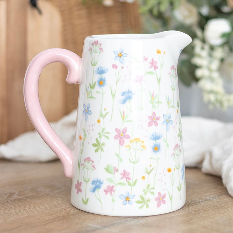 Floral Print Ceramic Flower Jug - 1300ml Capacity, Perfect for Holding Flowers or as a Decorative Piece