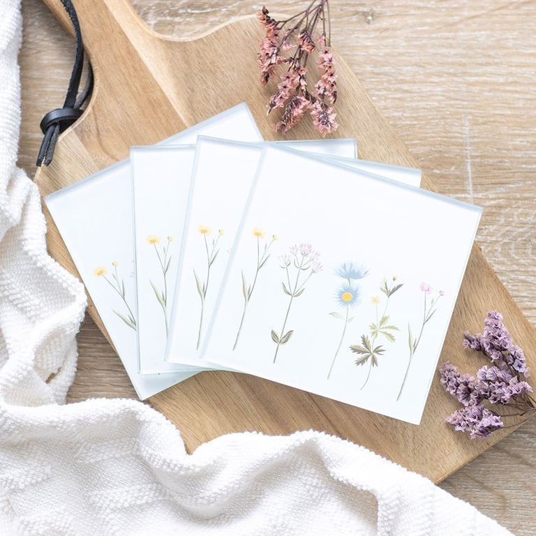 Floral Glass Coaster Set - Dainty Floral Designs, Wipe Clean, Perfect for Spring Entertaining