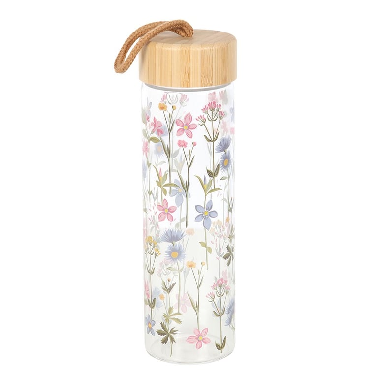 Floral Print Glass Water Bottle - 600ml Bamboo Lid Hydration Flask