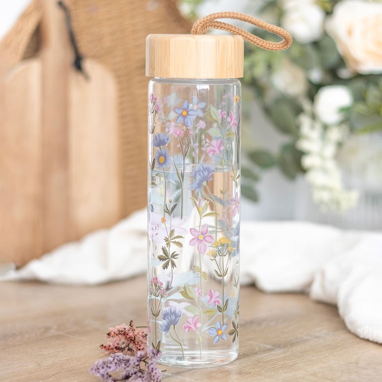 Floral Print Glass Water Bottle - 600ml Bamboo Lid Hydration Flask