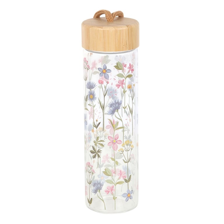 Floral Print Glass Water Bottle - 600ml Bamboo Lid Hydration Flask
