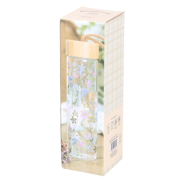 Floral Print Glass Water Bottle - 600ml Bamboo Lid Hydration Flask