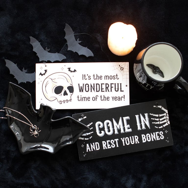 Come In and Rest Your Bones Hanging Sign - Haunted Home Decor for Halloween or Year-Round Use