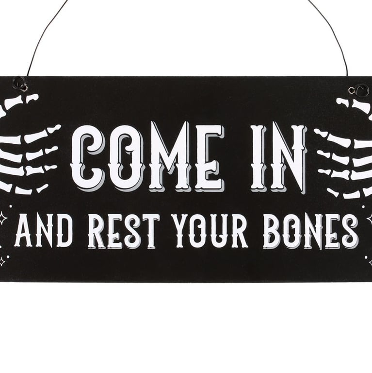Come In and Rest Your Bones Hanging Sign - Haunted Home Decor for Halloween or Year-Round Use