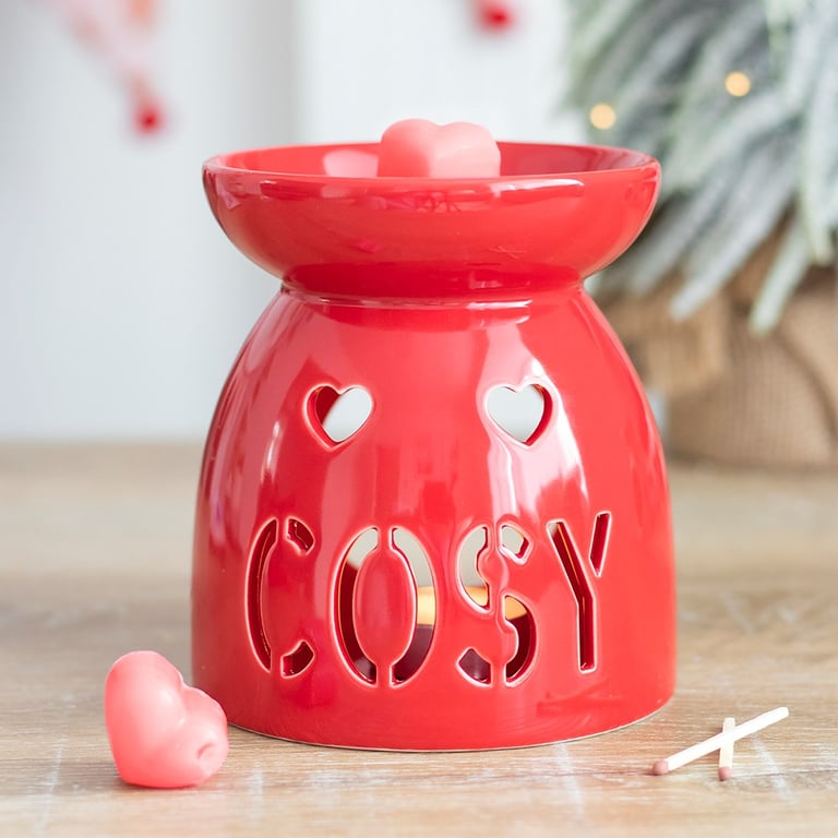 Cosy Ceramic Wax Melt Burner Gift Set - Red Ceramic Oil Warmer with Eco Soy Wax Melts and Sweet Raspberry Scent.