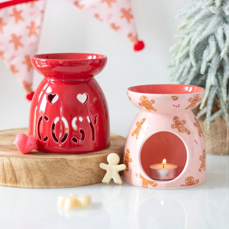 Cosy Ceramic Wax Melt Burner Gift Set - Red Ceramic Oil Warmer with Eco Soy Wax Melts and Sweet Raspberry Scent.
