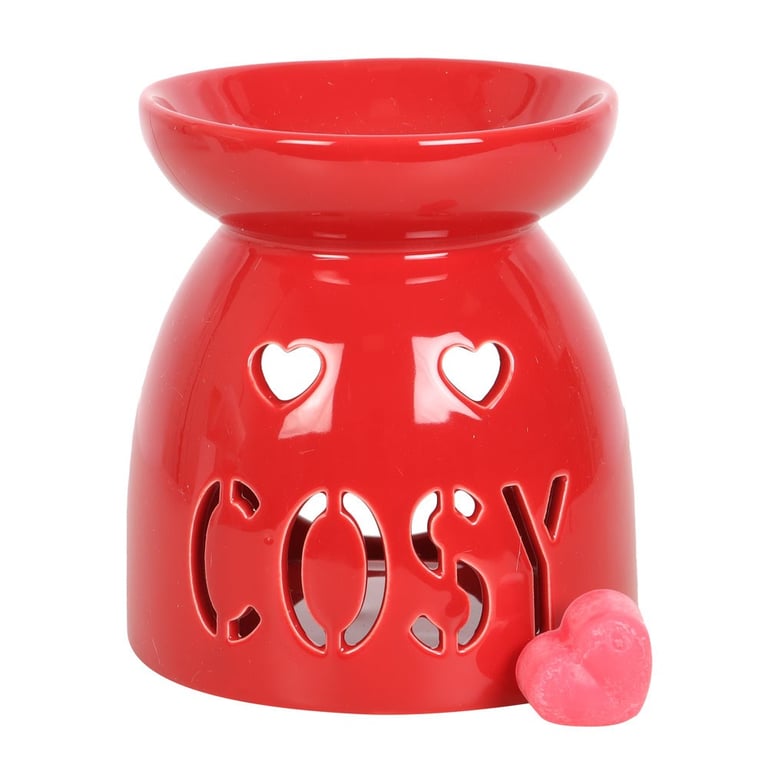 Cosy Ceramic Wax Melt Burner Gift Set - Red Ceramic Oil Warmer with Eco Soy Wax Melts and Sweet Raspberry Scent.