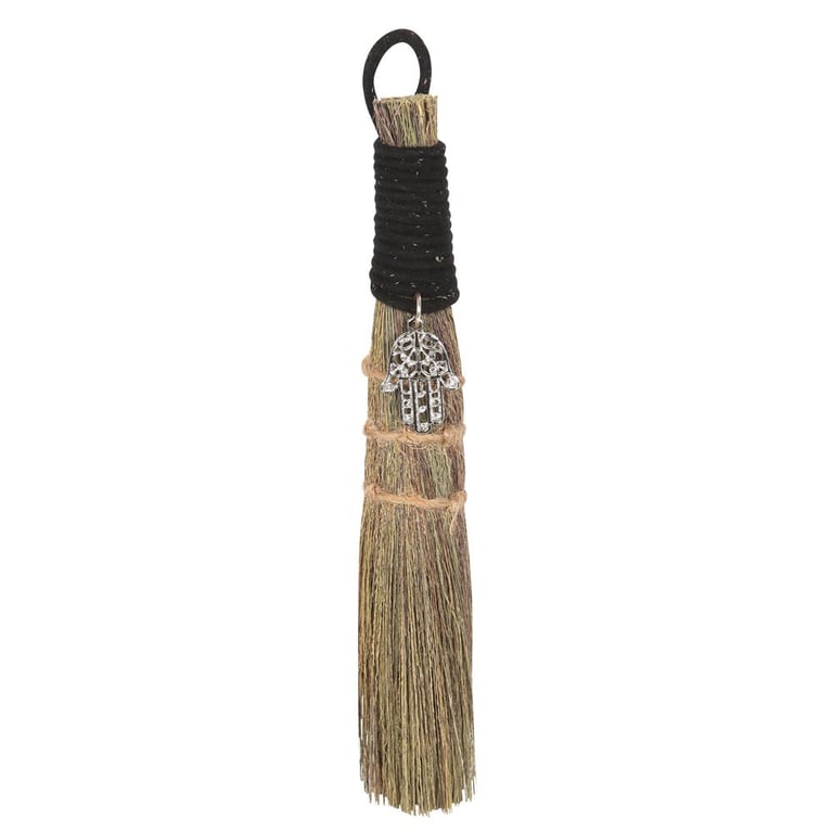 20cm Jute Bound Altar Brush with Hamsa Hand Charm - Spiritual Home Cleaning Tool