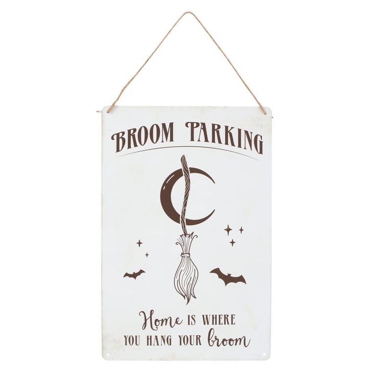 Whimsical Broom Parking Metal Sign - Home is Where You Hang Your Broom