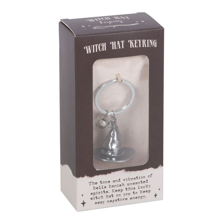 Silver Tone Witch Hat Keyring Charm with Jingle Bell Broomstick Accessory