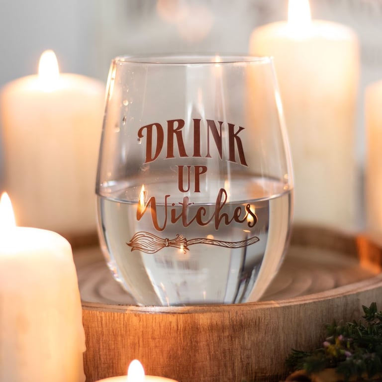 Drink Up Witches Stemless Glass - 500ml Whimsical Broomstick Wine & Potion Glass