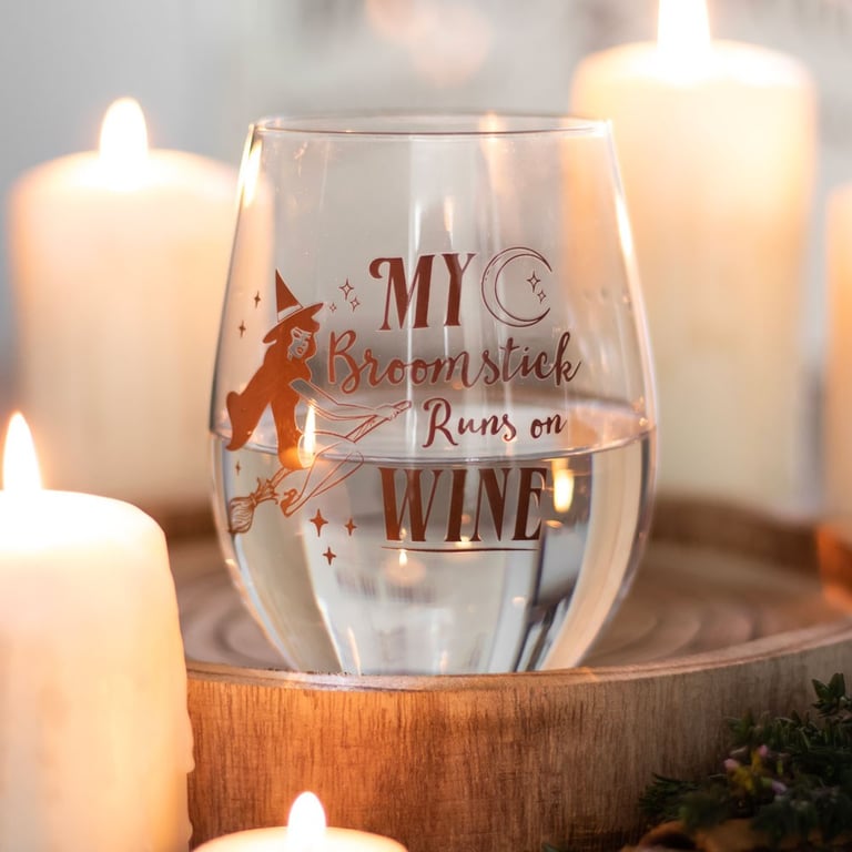 My Broomstick Runs on Wine Stemless Glass - Perfect for Coven Meetings and Girls Nights