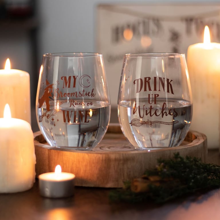 My Broomstick Runs on Wine Stemless Glass - Perfect for Coven Meetings and Girls Nights
