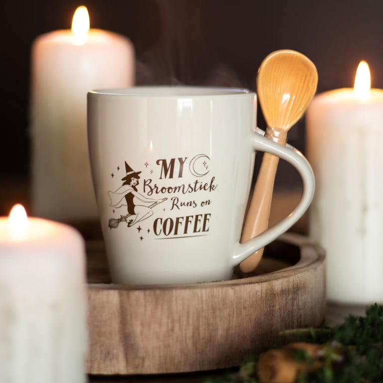 My Broomstick Runs on Coffee Mug and Spoon Set - 500ml Dishwasher & Microwave Safe