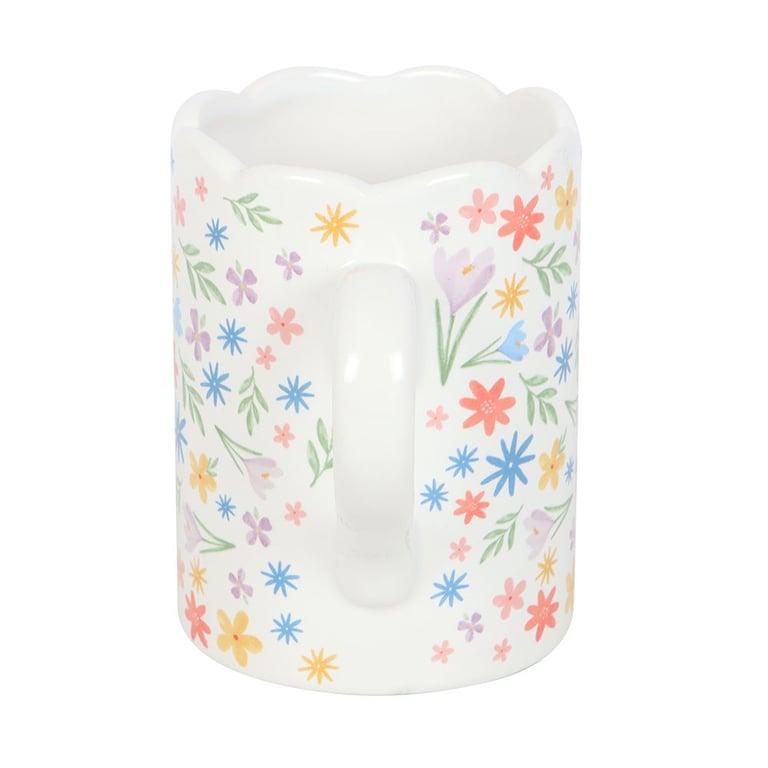 Spring Floral Print Scalloped Ceramic Mug - Delicate Pastel Blooms on a Unique Scallop Rim Coffee Mug