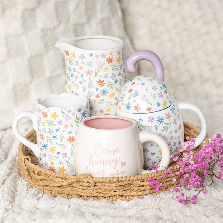 Spring Floral Print Scalloped Ceramic Mug - Delicate Pastel Blooms on a Unique Scallop Rim Coffee Mug